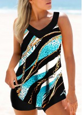 Color Block Chain Print Tankini Set