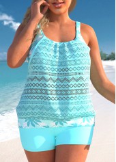Rotita Plus Size Tankini-Set mit Spitzennaht und Blattmuster in Cyan