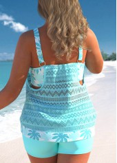 Cyan plus size,Plants plus size,ROTITA Plus Size Lace Stitching Cyan Leaf Print Tankini Set