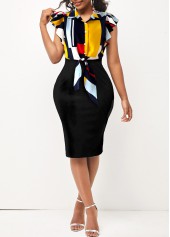 ROTITA Geometric Print Tie Front Black Dress