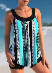 Cyan swimwear,Geometric swimwear,ROTITA Stripe Print Wide Strap Cyan Tankini Set
