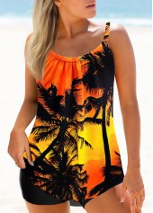 Orange Contrast Scape Print Tankini Set