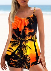 Orange swimwear,Graphic swimwear,ROTITA Orange Contrast Scape Print Tankini Top