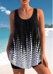 Geometric Print Wide Strap Black Tankini Set