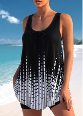 Black swimwear,Geometric swimwear,ROTITA Geometric Print Wide Strap Black Tankini Top