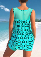 ROTITA Geometric Print Fishnet Panel Cyan Tankini Top-No Bottom