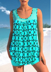 ROTITA Geometric Print Fishnet Panel Cyan Tankini Top-No Bottom