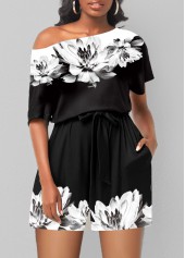 Black Double Side Pockets Floral Print Romper