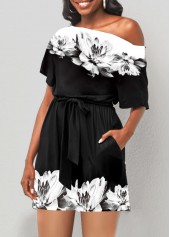 Black jumpsuits & rompers,Floral jumpsuits & rompers,Black Double Side Pockets Floral Print Romper