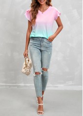 Pink tops,Green tops,Ombre tops,Ombre Pink V Neck Short Sleeve T Shirt