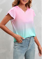 Pink tops,Green tops,Ombre tops,Ombre Pink V Neck Short Sleeve T Shirt