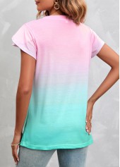 Pink tops,Green tops,Ombre tops,Ombre Pink V Neck Short Sleeve T Shirt