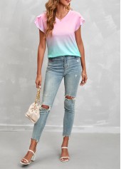 Pink tops,Green tops,Ombre tops,Ombre Pink V Neck Short Sleeve T Shirt