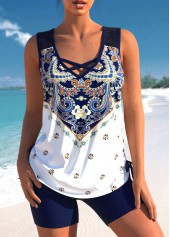 Marineblaues Tankini-Set mit Rotita-Tribal-Print und überkreuzten Trägern