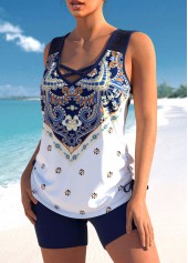 Tribal swimwear,ROTITA Tribal Print Cross Strap Navy Blue Tankini Set