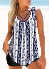 Metal Ring Paisley Print Navy Blue Tankini Set