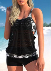 Black swimwear,Plants swimwear,ROTITA Leaf Print Lace Stitching Black Tankini Set