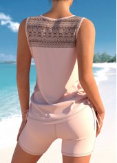 Light Pink swimwear,Plain Color swimwear,ROTITA Lace Patchwork Light Pink Cross Strap Tankini Set