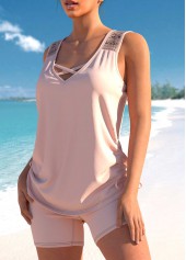 Light Pink swimwear,Plain Color swimwear,ROTITA Lace Patchwork Light Pink Cross Strap Tankini Set