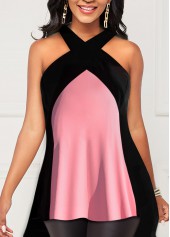 Pink tops,Plain Color tops,ROTITA Front Cross Pink Sleeveless Tank Top
