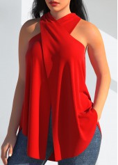 Red tops,Plain Color tops,ROTITA Cross Front Red Halter Tank Top