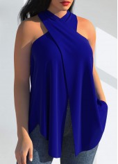 Royal Blue tops,Plain Color tops,ROTITA Royal Blue Halter Cross Front Tank Top