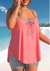 Coral plus size,Striped plus size,ROTITA Striped Coral Red Bowknot Plus Size Tankini Set