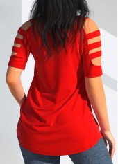 Red tops,Plain Color tops,ROTITA Cold Shoulder V Neck Red T Shirt