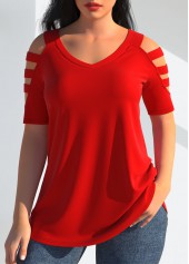 ROTITA Cold Shoulder V Neck Red T Shirt