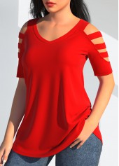 Red tops,Plain Color tops,ROTITA Cold Shoulder V Neck Red T Shirt