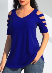 Royal Blue tops,Plain Color tops,ROTITA Cold Shoulder Royal Blue T Shirt