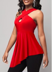 Red tops,Plain Color tops,Asymmetric Hem Cross Front Red Tank Top