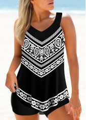 Floral Print Wide Strap Black Tankini Set