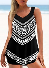 Black swimwear,Geometric swimwear,ROTITA Floral Print Wide Strap Black Tankini Top