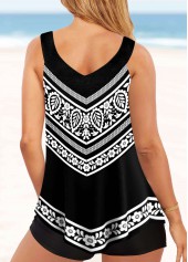 Black swimwear,Geometric swimwear,ROTITA Floral Print Wide Strap Black Tankini Top