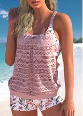 Light Pink plus size,Floral plus size,ROTITA Light Pink Floral Print Plus Size Tankini Set