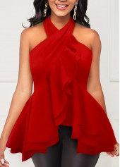 Red tops,Plain Color tops,ROTITA Cross Halter Red Layered Hem Tank Top
