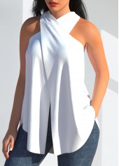 White tops,Plain Color tops,ROTITA Halter Cross Front White Tank Top