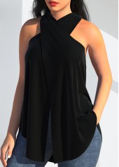 Black tops,Plain Color tops,ROTITA Halter Black Cross Front Tank Top