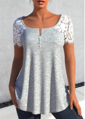 ROTITA Lace Patchwork Grey Short Sleeve T Shirt