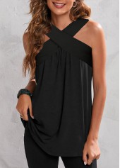 ROTITA Cross Halter Crinkle Chest Black Tank Top
