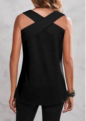 Black tops,Plain Color tops,ROTITA Cross Halter Crinkle Chest Black Tank Top