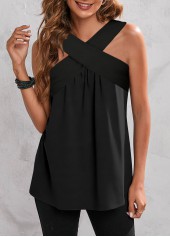 Black tops,Plain Color tops,ROTITA Cross Halter Crinkle Chest Black Tank Top