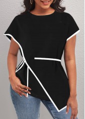 ROTITA Asymmetric Hem Contrast Stitch Black T Shirt