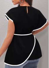 Black tops,Plain Color tops,ROTITA Asymmetric Hem Contrast Stitch Black T Shirt