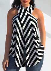 ROTITA Chevron Print Halter Cross Front Black Tank Top