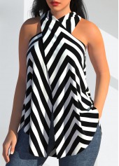 Black tops,Striped tops,ROTITA Chevron Print Halter Cross Front Black Tank Top