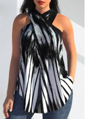 ROTITA Striped Black Cross Front Halter Tank Top