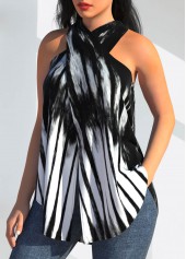 Black tops,Tie Dye tops,ROTITA Striped Black Cross Front Halter Tank Top