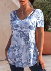 Dusty Blue tops,Floral tops,ROTITA Floral Tie Dye Print Dusty Blue Cutout T Shirt